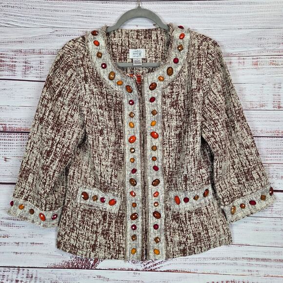 Just B Linen Fringe Blazer L Bohemian Jewel Beaded Mesh Lace Snap Closure Jacket - Picture 1 of 11